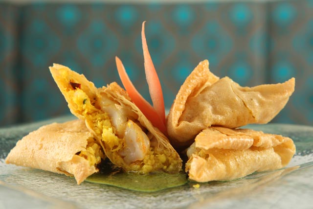 TULSI_Shrimp-Crab-Sutffed Pappadum(2) Shrimp-Crab stuffed Pappadums. Tulsi is a new Indian restaurant in Manhattan with chefs Hemant Mathur, Dandu Ram and Surbhi Mathur